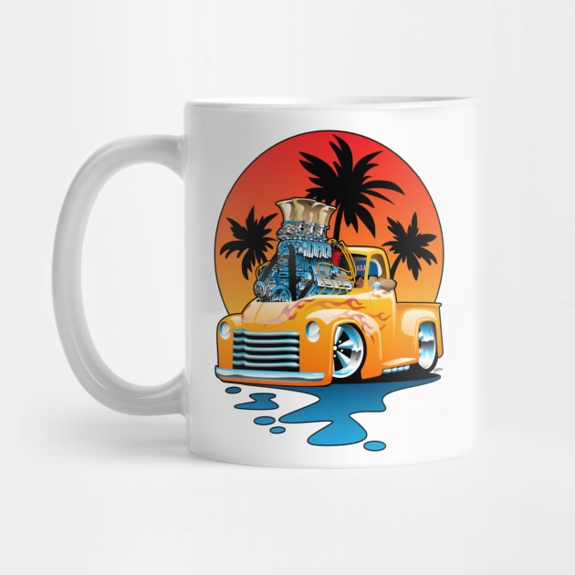 Classic American Hot Rod Pick-up Truck with Sunset Cartoon by hobrath